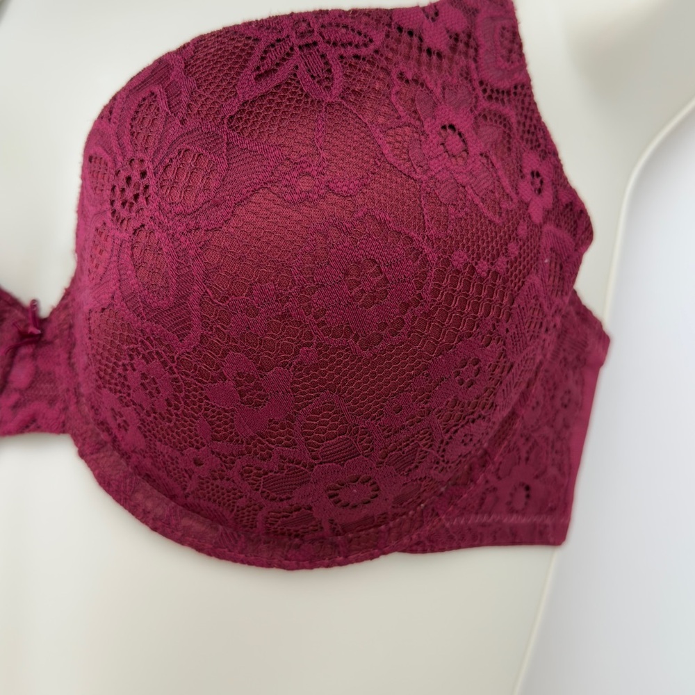No Boundaries Push Up Bra 38B Burgundy Lace Padded Underwire Leopard Straps - Picture 3 of 8